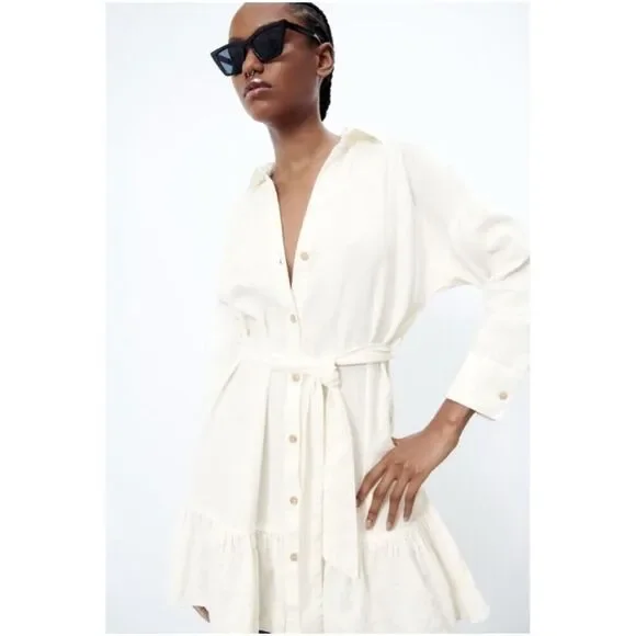 Zara Linen Blend Belted Shirt Dress in Ecru Size Medium - Picture 2 of 11